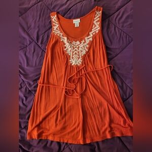 Orange Sleeveless Top with Embroidered Neckline